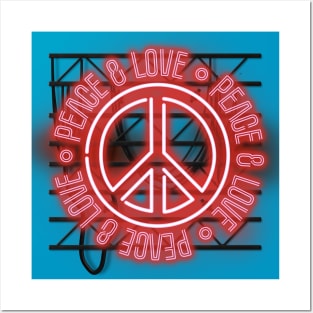 Peace and Love - Red Neon Sign with Symbol Posters and Art